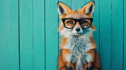Smart fox wearing eyeglasses posing in front of turquoise wooden wall