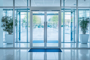 Blurred abstract background of a contemporary office interior with white walls, transparent glass doors, and subtle bokeh lighting, offering a clean, professional aesthetic perfect for copy space.