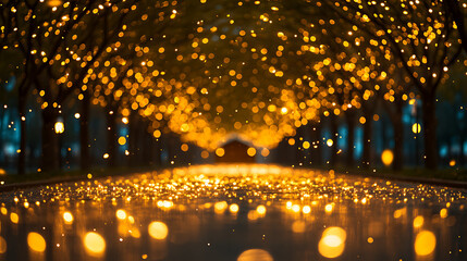 Naklejka premium blurred outdoor scene with tree-lined path illuminated by golden bokeh lights. 