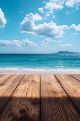 Fototapeta premium Wooden Table Top with Blue Sea and Sky Background