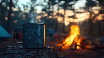 Warm beverage rests on a log by a campfire at sunset in a serene forest setting