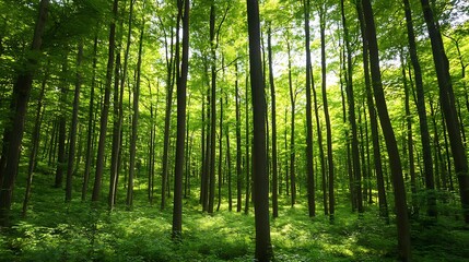 Fototapeta premium Lush green forest with tall trees, sunlight filtering through leaves, creating dappled light on the forest floor.
