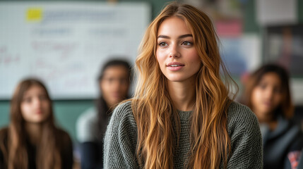 Obraz premium Young woman with long hair in a classroom with students listening to a lecture and engaged in a learning environment