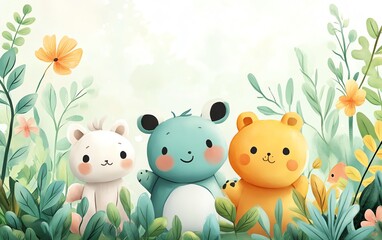 Naklejka premium cute animal wallpaper for kids room, pastel color theme, generative AI design, playful animal illustrations, colorful decor, soft background, children s room ambiance