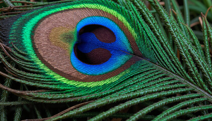 Obraz premium Close-up of a vibrant peacock feather with iridescent colors on a natural background with copy space