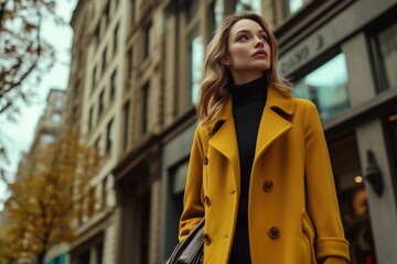Fototapeta premium Stylish woman in retro outfit, yellow coat highlighting the historic setting