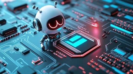Robot installing software on circuit board, glowing background, tech illustration