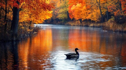 Solitary Duck on Calm River Surrounded by Vibrant Autumn Foliage