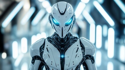 Futuristic robot standing in modern laboratory setting