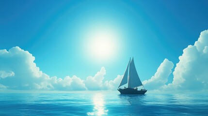 Naklejka premium A sailboat gliding across the sea under a brilliant blue sky.