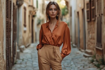 Fototapeta premium Woman in rust-colored blouse and linen trousers on a quiet cobblestone street