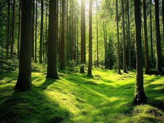 Obraz premium Sunlight filters through tall trees illuminating a lush green forest floor