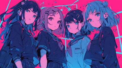 Four Young Girls Anime Style Characters Standing Together With a Bright Geometric Background