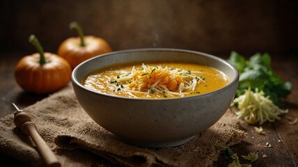 Pumpkin soup topped with herbs and cheese in a rustic bowl with autumn decorations