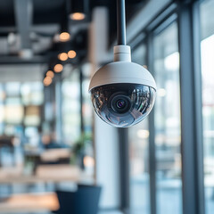 Close up view of CCTV security camera with blurry office background generated.AI