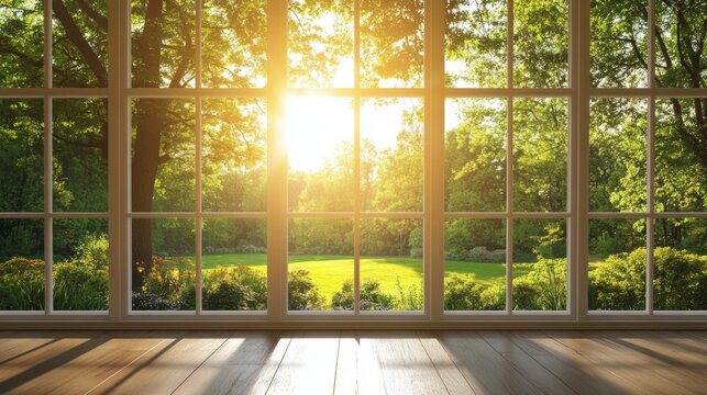 Fototapeta large window with a view of a forest in a sunrise