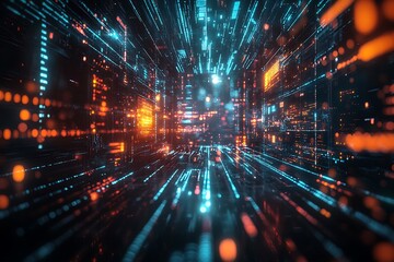 Glowing Digital Network Tunnel Through Cyber Data Space Abstract Light Matrix Futuristic