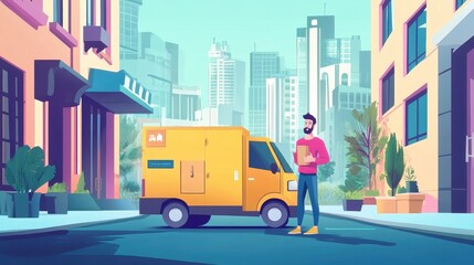 Naklejka premium Courier services flat design front view urban lifestyle animation vivid. 