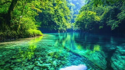 Obraz premium A serene riverbank with clear water reflecting the lush green forest.