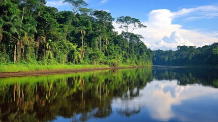 Obraz premium A serene riverbank with clear water reflecting the lush green forest.