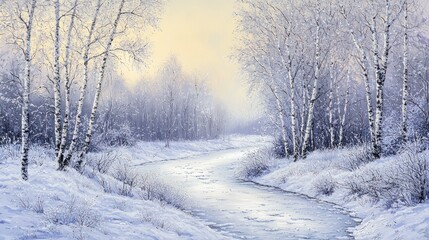 Obraz premium Serene winter landscape with snow-covered birch trees lining a frozen river.