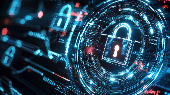 Zero-trust networking enforces security. Access is granted through strict policies. Digital Cyber Lock on a Futuristic Technology Interface