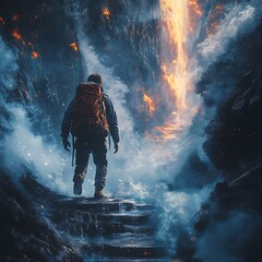 Obraz premium Hiker Ascending Steps Near Fiery Waterfall With Smoky Atmosphere In A Volcanic Environment
