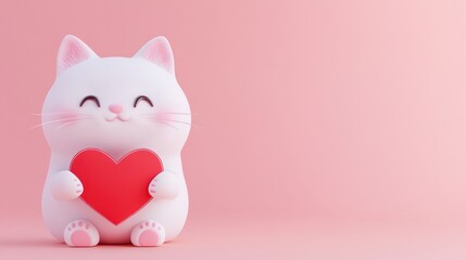 Cute cartoon cat holding heart, pink background, Valentine's Day card