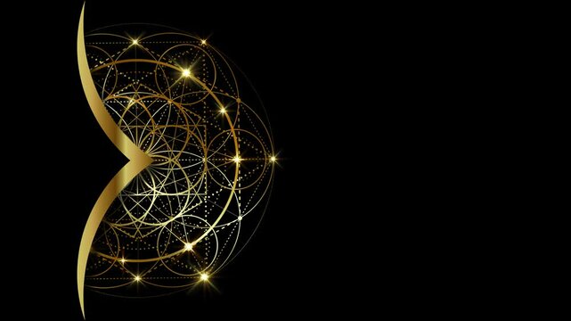 Animation of Luxury sparkling Indian mandala, gold sacred geometry, arabesque frame pattern. Motion Graphics Video flower of life Rotating, elegant black background, light effects, copy space for text