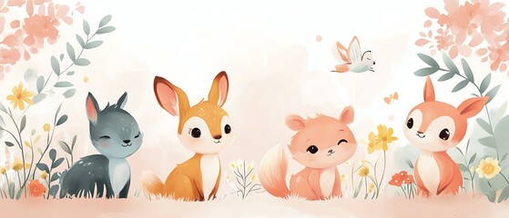 Obraz premium pastel animal wallpaper, kids room design, generative AI artwork, adorable animal illustrations, soft and playful colors, children s bedroom decor, whimsical animals