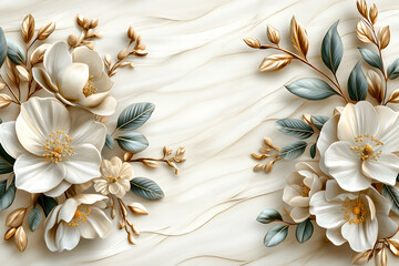Elegant 3D rendered white flowers with gold accents on a marble background, perfect for wallpapers, invitations, and home decor.