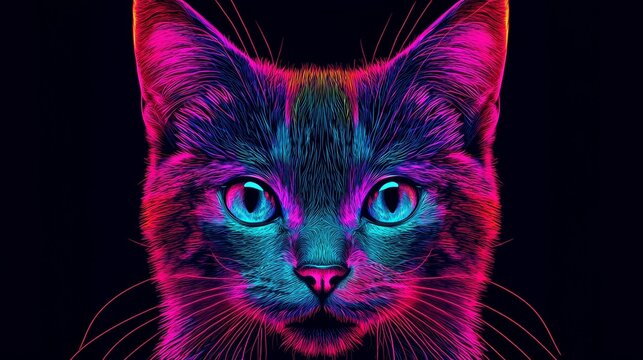 Cat Animal Plexus Neon Black Background Digital Desktop Wallpaper HD 4k Network Light Glowing Laser Motion Bright Abstract
