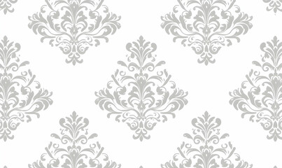 Elegant silver damask pattern on white background, seamless repeat. Perfect for wallpaper, fabric, or design projects.