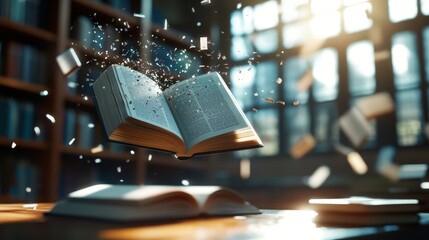 A dynamic scene of an open book floating amidst falling pages in a library filled with sunlight, symbolizing inspiration, wonder, and the love for reading.