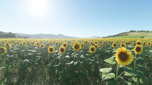 A sunflower field glowing in the bright midday sunlight under a clear blue sky.