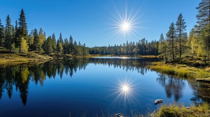 Obraz premium A sunny day at a natural spring with crystal-clear water reflecting its surroundings.