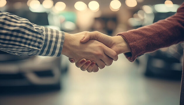 Close up of two hands shaking with blurry card background, car dealing concept generated.AI