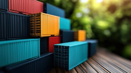A picturesque display of brightly colored shipping containers stacked on top of each other outdoors, with nature visible in the background creating contrast.
