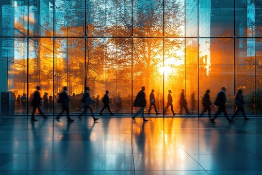 Blurred motion of business professionals in a sleek office environment