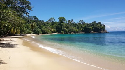 Fototapeta premium A tropical beach with crystal-clear waters under a sunny blue sky.