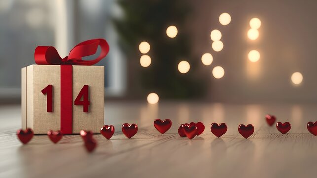 Romantic Valentine's Day Gift Box and Heart Decor on Wooden Surface