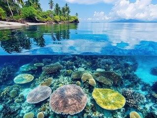 Split View of Tropical Beach with Underwater Coral Reef and Clear Blue Sky Horizon