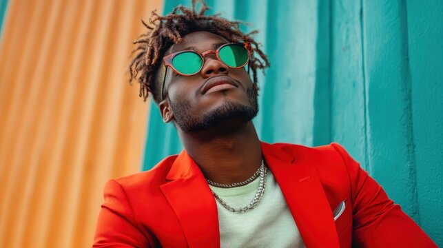 A stylish man wearing a bright red blazer and trendy green glasses, posing confidently against a colorful backdrop, evoking a sense of modern fashion and flair.