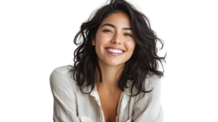 A cheerful young woman smiles warmly, showcasing her joyful personality and vibrant spirit in a natural, candid setting.