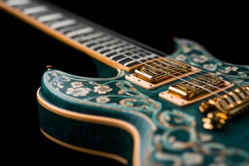 Intricately Designed Electric Guitar with Florals and Gold Accents