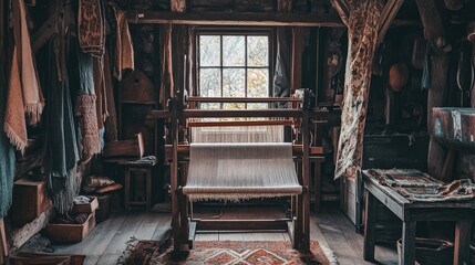 A weaving loom with a partially completed textile in earthy tones.