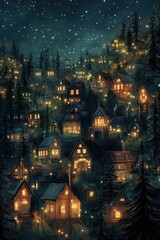 Obraz premium Enchanted Night Village: A Starry Hillside Haven
