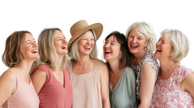 Joyful group of six women laughing together, showcasing friendship and camaraderie. Perfect for themes of happiness, connection, and shared moments.