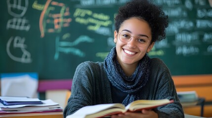 Young teacher engaging students at a cluttered classroom desk with enthusiasm and creativity