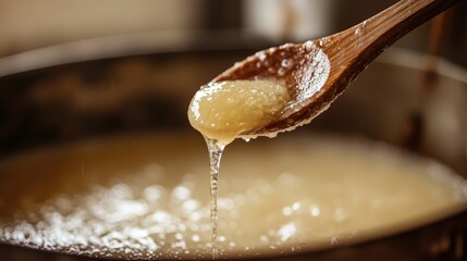 Fototapeta premium A wooden ladle dripping thick sugar syrup into a mold during processing.